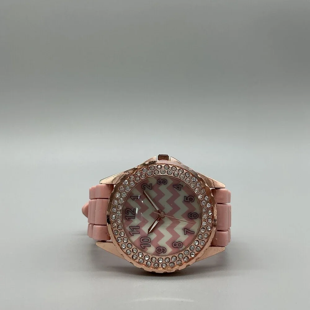 Womens Watch 39mm Pink Chevron Dial Crystal Bezel Pink Silicone Quartz W770
